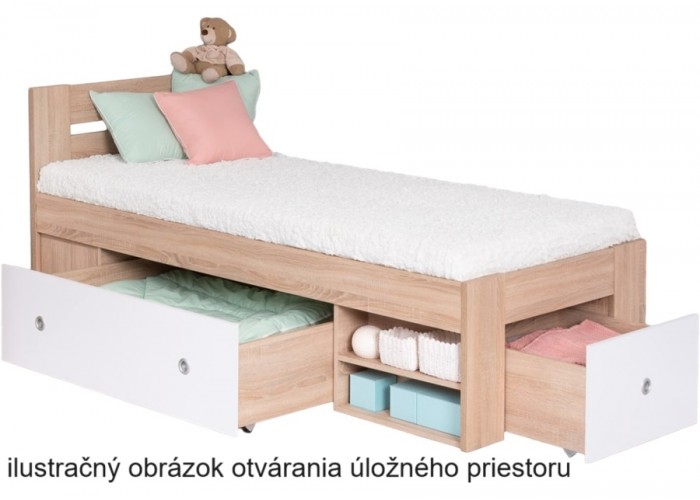 REA LARISA UP 90 biela + farebné čielko, jednolôžková posteľ 90x200 cm s úložným priestorom
