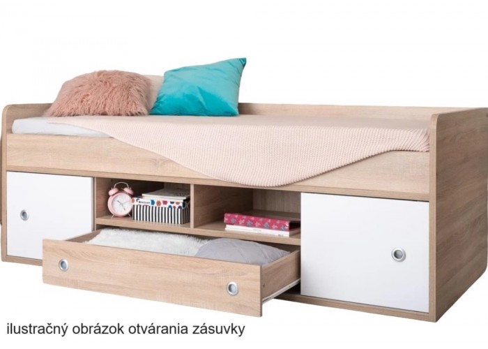 REA POPPO dub lancelot + farebné čielko, detská posteľ 90x200 cm s úložným priestorom