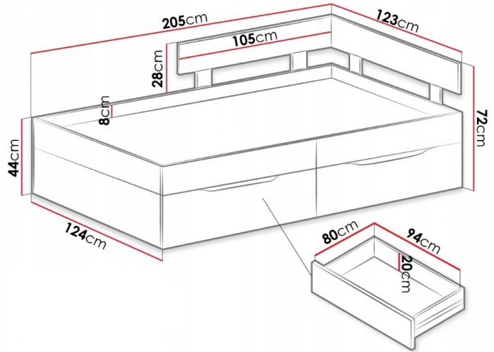 SKIP biela/betón/dub 16, jednolôžková študentská posteľ 120x200 cm