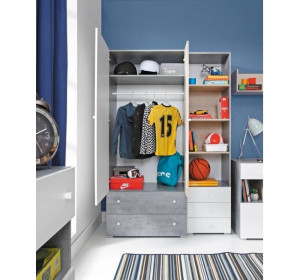 SKIP biela/betón/dub 03, šatníková skriňa