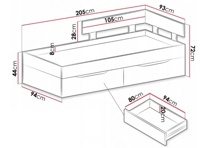 SKIP biela/betón/dub 15, študentská posteľ s úložným priestorom 90x200 cm