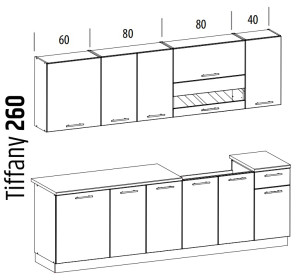 TIFFANY 260 biely lesk, kuchynská zostava v dĺžke 260 cm
