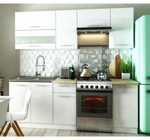 TIFFANY 160/220 biela/biely lesk, kuchynská linka v dĺžke 220 cm