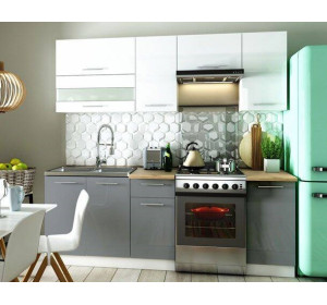 TIFFANY 160/220 sivý/biely lesk, kuchynská zostava v dĺžke 220 cm