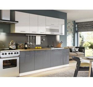 TIFFANY 260 sivý lesk/biely lesk, kuchynská linka v dĺžke 260 cm