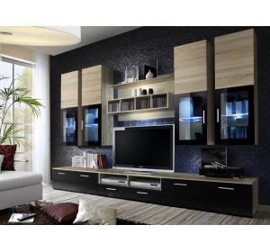 LYRA dub sonoma/čierny lesk, obývacia stena