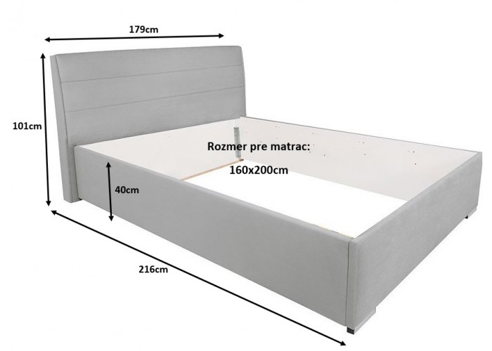 COSALA sivá, čalúnená posteľ 160x200 cm s úložným priestorom